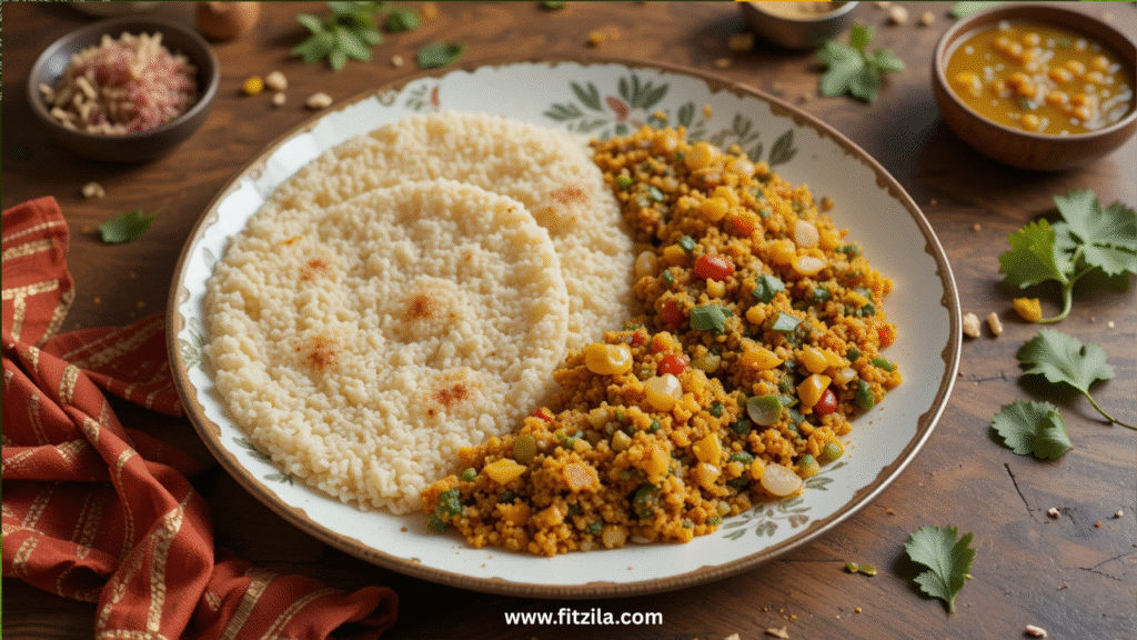 a flat lay of a desi healthy plate roti sabzi dal