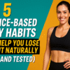 "YouTube-style thumbnail showing a woman measuring her waist, healthy food icons, and bold text that says: 5 Science-Based Daily Habits That Help You Lose Weight Naturally (Tried and Tested)"