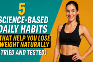 "YouTube-style thumbnail showing a woman measuring her waist, healthy food icons, and bold text that says: 5 Science-Based Daily Habits That Help You Lose Weight Naturally (Tried and Tested)"